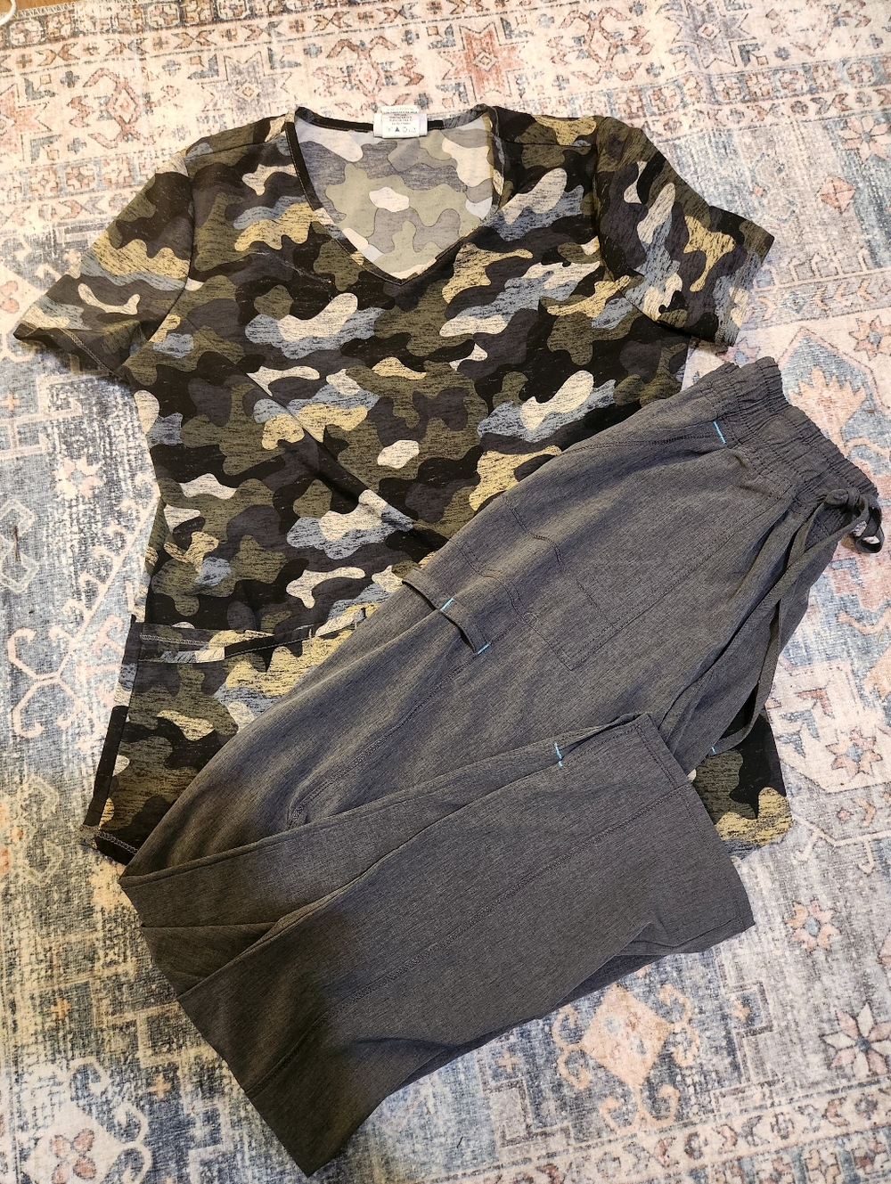 Scrubstar Olive and Gray Camo V-Neck Scrub Top And Gray Pants